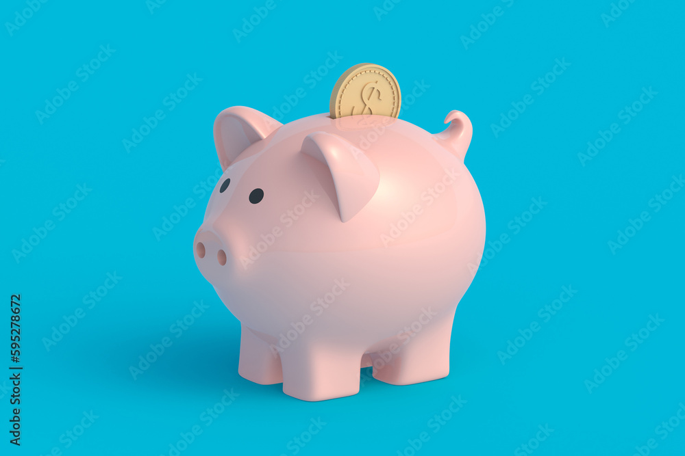Piggy bank and coin. Financial concept. Maintaining and increasing income. 3d render