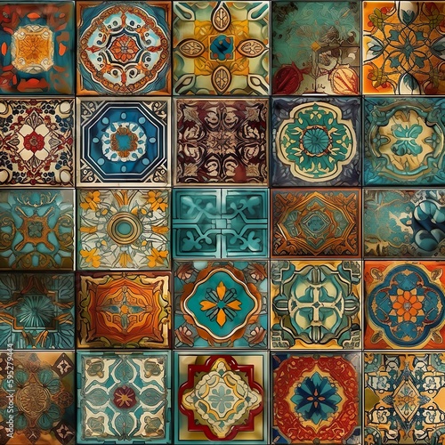A vibrant, seamless pattern showcasing a colorful assortment of ceramic tiles, creating a striking wall design. - Generative AI, Generative, KI. © DenAcid