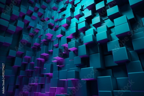 Futuristic 3D wall of purple and turquoise blocks. Generative AI