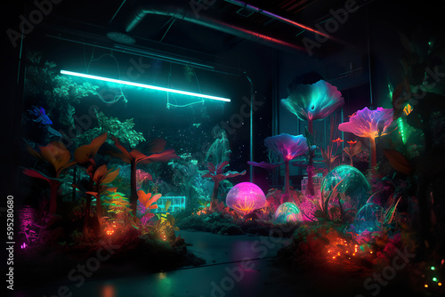 Secret underground lab with colourful plants (generative AI)