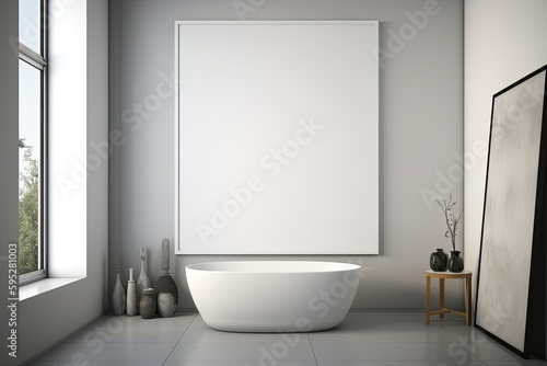 Modern bathroom with a large blank canvas. Mockup copyspace template created using generative AI tools