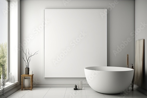 Modern bathroom with a large blank canvas. Mockup copyspace template created using generative AI tools