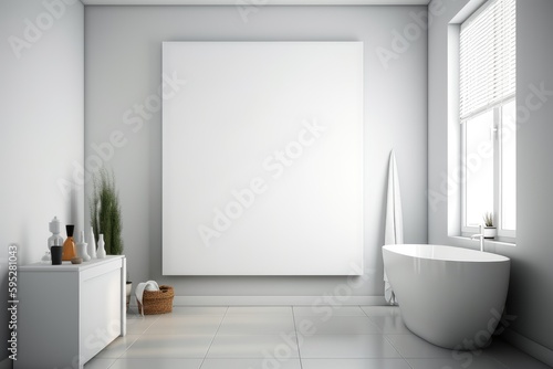 Modern bathroom with a large blank canvas. Mockup copyspace template created using generative AI tools © Salander Studio