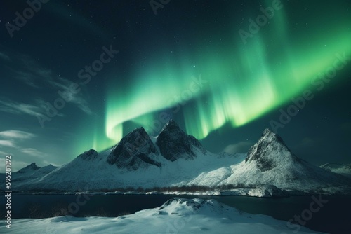 A stunning illustration of green aurora borealis above Norway's mountain. Beautiful winter night landscape with polar lights in Lofoten. Generative AI