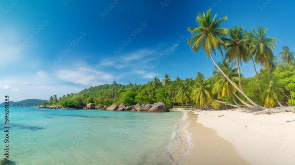 Plage paradisiaque de sable fin bordée de palmiers et de rochers, eau turquoise