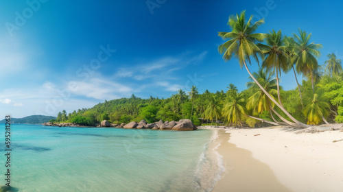 Plage paradisiaque de sable fin bordée de palmiers et de rochers, eau turquoise © Instapik