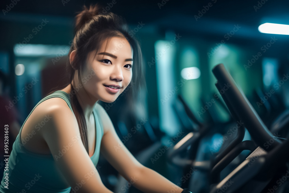 Fototapeta premium Asian woman cycling on a stationary bike in a dimly lit gym. Good fitness or wellness projects, the intensity and determination of an indoor cycling workout. generative AI