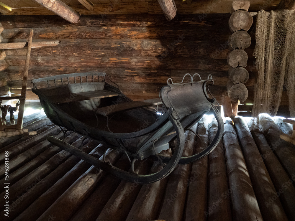 Household items, wood products. Reconstruction of a peasant house, interior, on Kizhi Island, Karelia, northern Russia