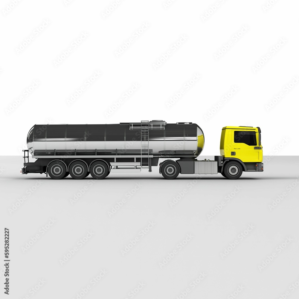 Pick-up truck with a large fuel tank securely strapped to the side, 3D rendered