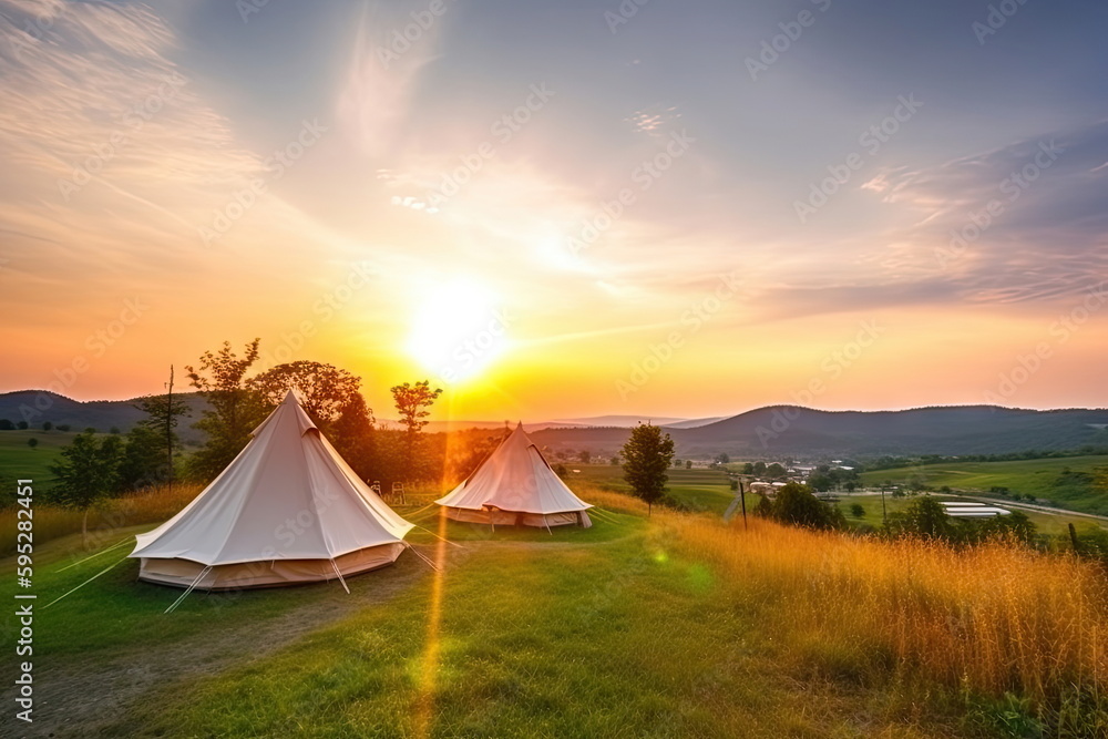 luxury camping in the beautiful countryside with sunset background, nice landscape