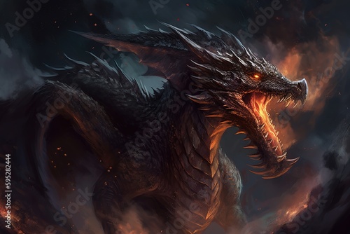 painting featuring a massive dragon unleashing a fiery blast