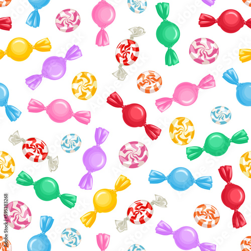 Multicolored candies seamless pattern. Background with sweets in bright colored wrappers and swirl hard candy on white. Vector cartoon illustration. photo