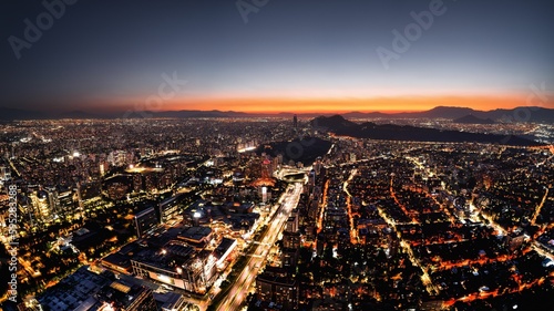 Panoramic aerial view of Santiago de Chile, after sunset.