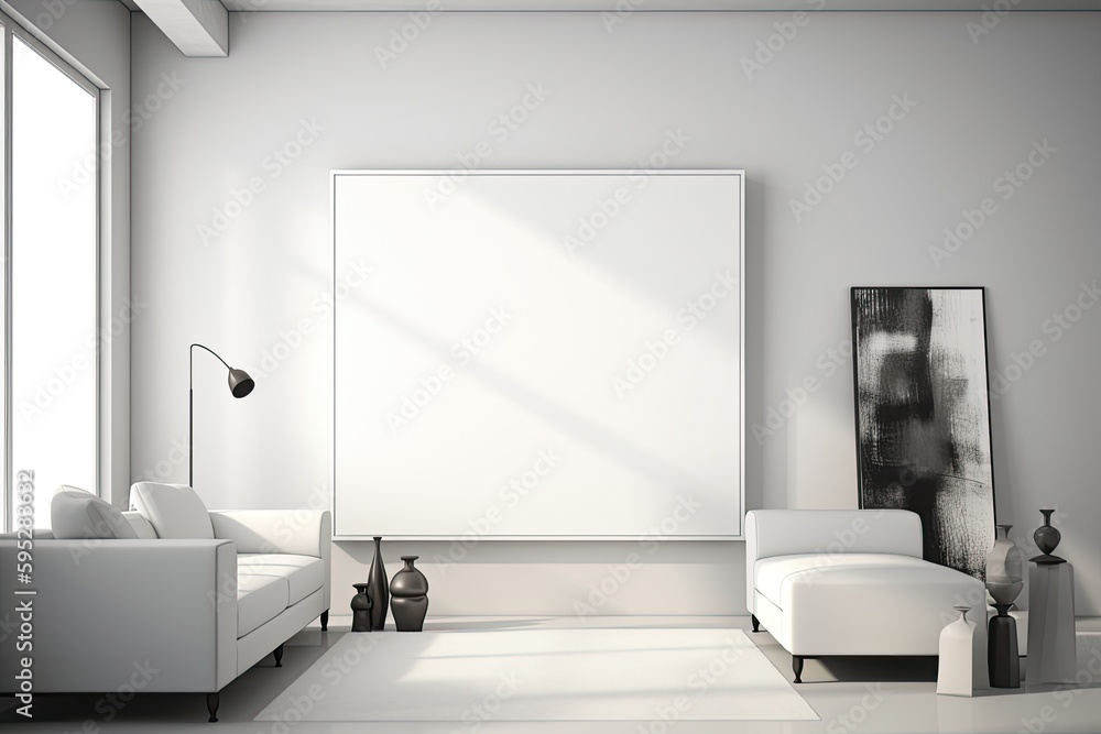 Mockup poster/art template in a modern minimalistic living room. Large white canvas created using generative AI tools Mockup poster/art template in a modern minimalistic living room. Large white canvas created using generative AI tools