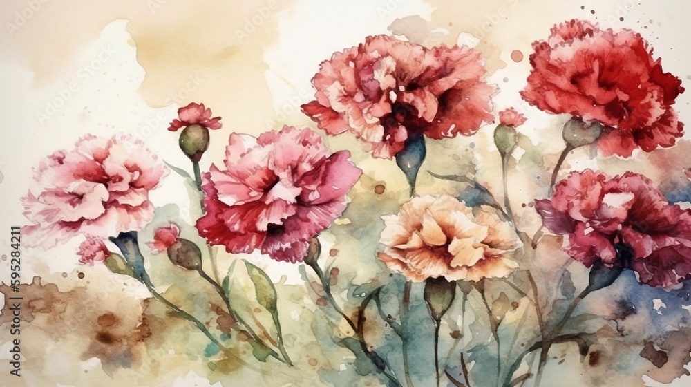 Beautiful tranquil watercolor of elegant pink, red and  orange carnations. Desktop background wallpaper. Generative AI