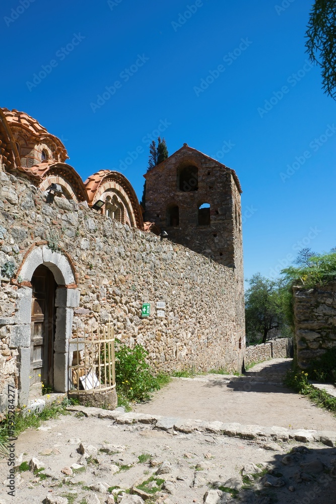 Byzantine church in medieval city of Mystras, Greece. Castle of Mistras.