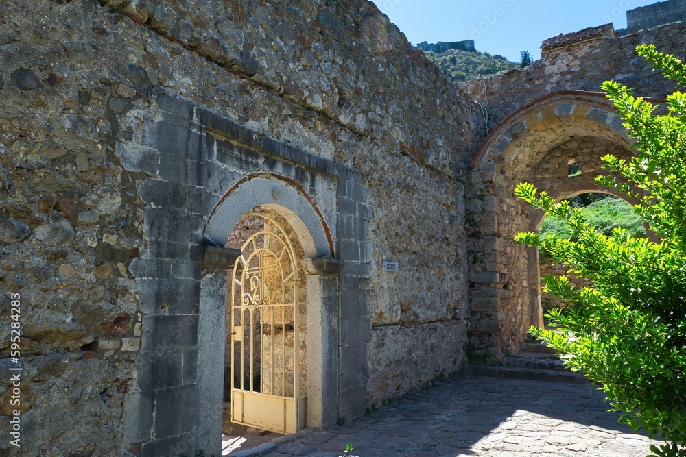 Byzantine church in medieval city of Mystras, Greece. Castle of Mistras.