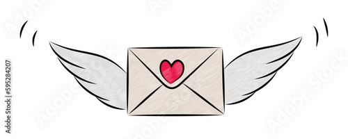 Flying love letter with wings and heart in doodle style isolated on white background. Painted vector design element