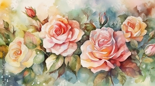 Beautiful watercolor of pink and red roses  soft pastel desktop background wallpaper. Valentine  wedding gift.  Generative AI.