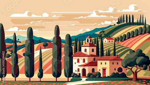 Colorful Italian Summer Landscape Illustration - Generative AI