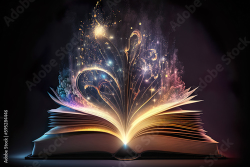 Colorful Magic Book With Open Pages And Abstract Beautiful Lights - Generative AI