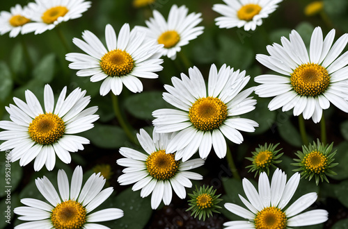 Daisies after the rain  with raindrops. Generative AI.