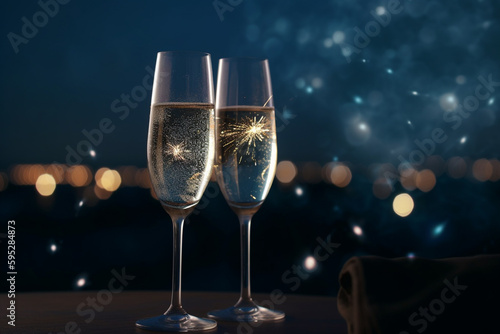 Two champagne glasses standing on a table filled with champagne, fireworks reflection inside the glasses