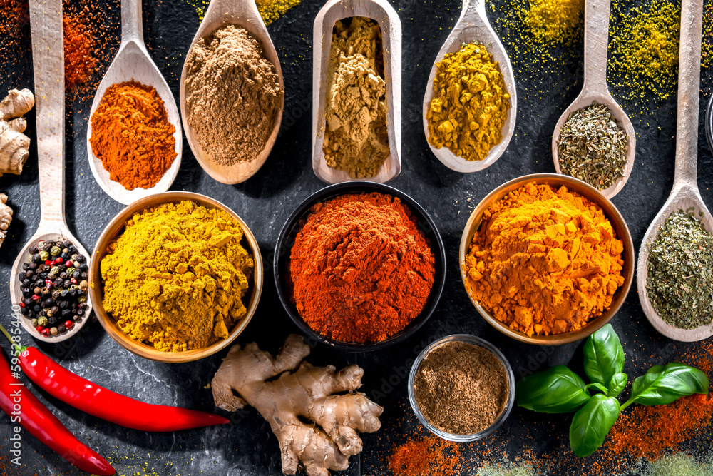 Composition with assortment of spices and herbs Composition with assortment of spices and herbs