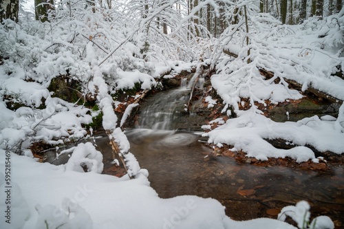 Landscape of a tranquil river with long exposure in a forest covered in the snow