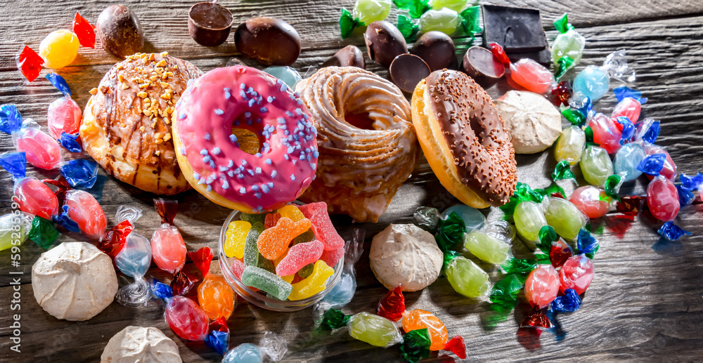 Food products rich in sugar. Junk food