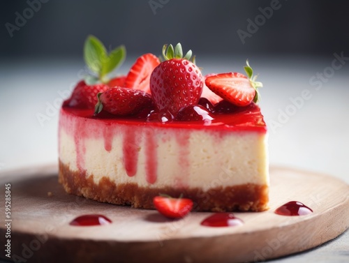 Beautiful homemade Strawberry cheesecake. Generative AI