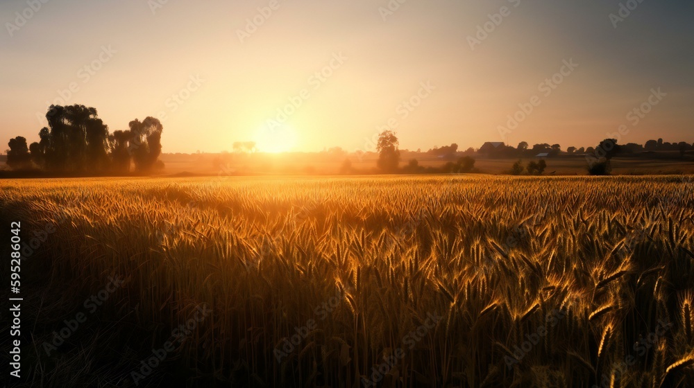 Field of wheat, agriculture background, golden hour photography of a pre-harvest field during sunset, created using Generative AI technology