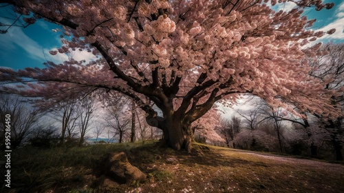 A blooming cherry tree  spring season background  created using Generative AI technology