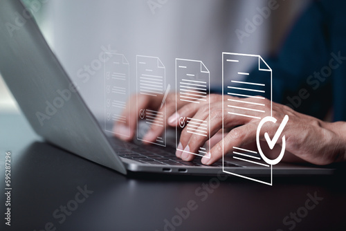 Performance checklist, businessman using checklist survey, filling out digital form checklist, take an assessment, questionnaire, evaluation, online survey, online exam.
