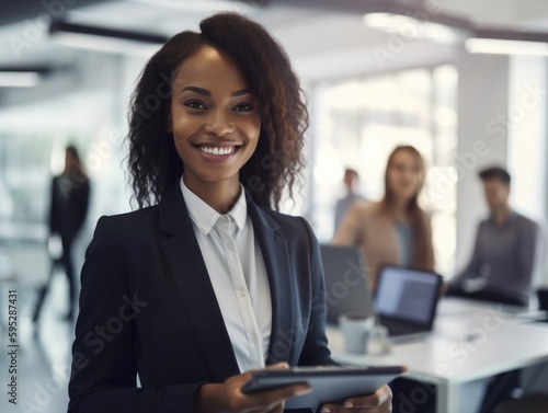 Eine schwarze Businessfrau arbeitet in einem Meetingraum mit einem digitalen Tablet, Generative AI..