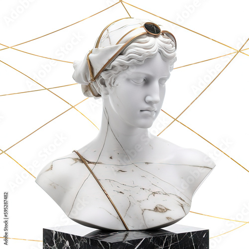 Une sculpture en marbre, statue d'une personne stoïcienne grecque ou romaine, représentant le stoïcisme. Avec de l'or et du noir, kintsugi