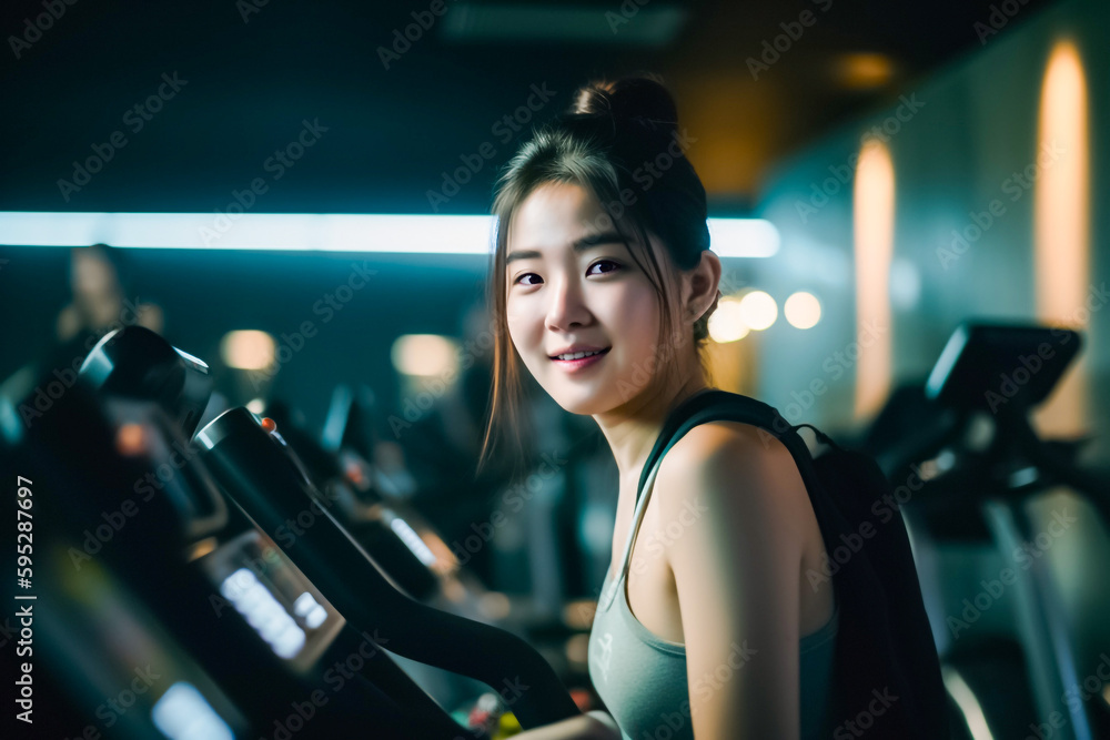 Asian woman running on a track machine with the energy and determination of a rigorous workout. for cardiovascular exercise. generative AI Asian woman running on a track machine with the energy and determination of a rigorous workout. for cardiovascular exercise. generative AI
