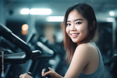 Asian woman running on a track machine with the energy and determination of a rigorous workout. for cardiovascular exercise. generative AI