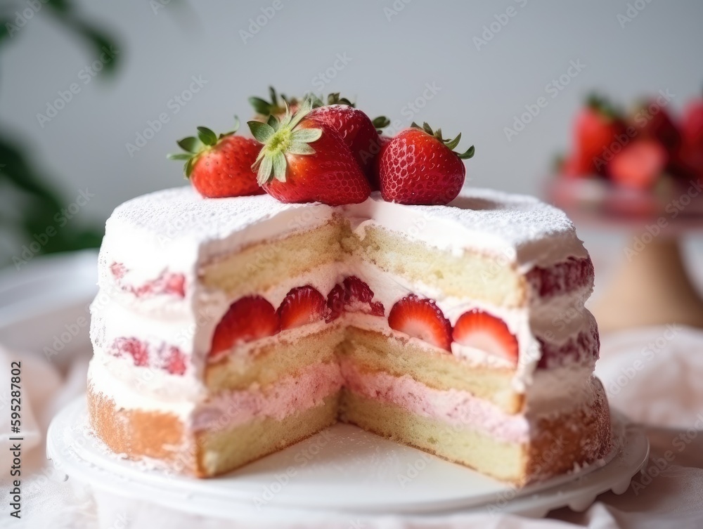 Strawberry sponge cake with fresh strawberries. Generative AI Strawberry sponge cake with fresh strawberries. Generative AI