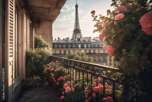 Paris summer Balcony with flowers, view to the Eiffel Tower, Generative AI