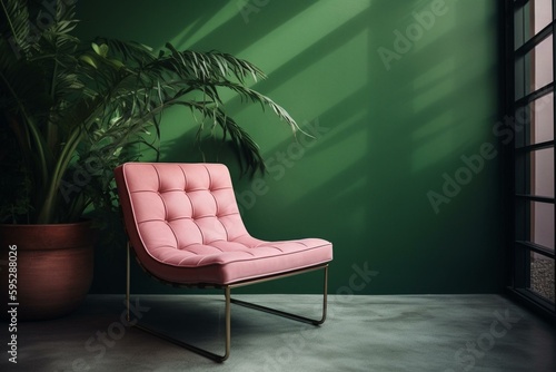 A pink chair contrasts against the green wall. Generative AI