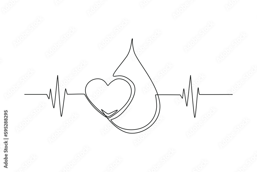 Continuous one line drawing pulse, heart, blood. World blood day ...