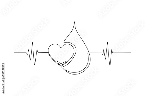 Continuous one line drawing pulse, heart, blood. World blood day concept. Single line draw design vector graphic illustration.
