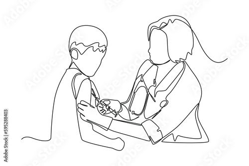 Continuous one line drawing doctor gives injection to boy's arm. World blood day concept. Single line draw design vector graphic illustration.