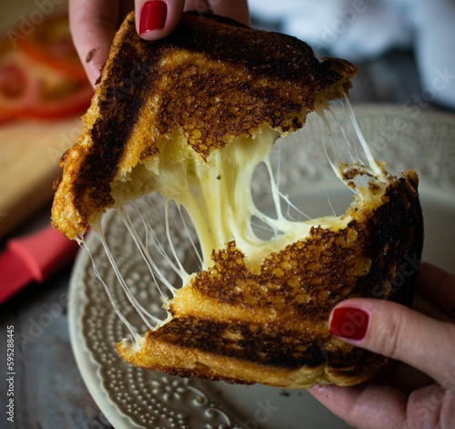 фотографія Woman holding a freshly cooked grilled cheese sandwich