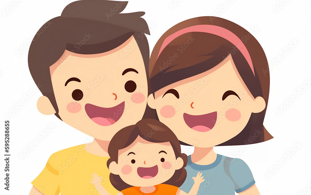 Happy parents and child. Flat colorful illustration. Generative AI technology.