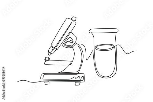 Continuous one line drawing microscope checking blood. World blood day concept. Single line draw design vector graphic illustration.