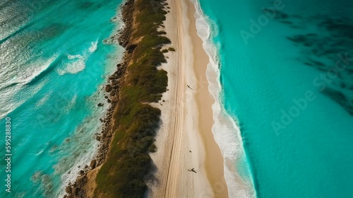 Aerial view of a clear turquoise water and tropical beach with white sand, tropics background, a road running between a sea, created using Generative AI technology