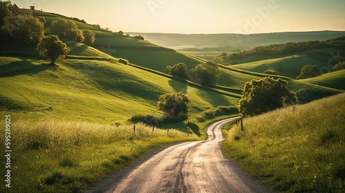 Switchback road running through green hills and meadows, beautiful summer travel background, created using Generative AI technology