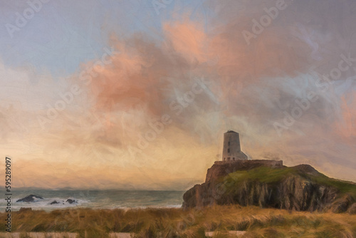 Digital painting of the Llanddwyn island lighthouse, Twr Mawr at Ynys Llanddwyn on Anglesey, North Wales.